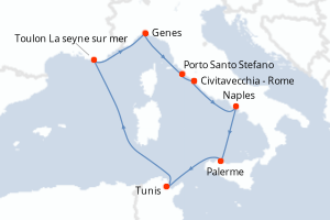 Carte de l'itinéraire de croisière Civitavecchia - Rome-Civitavecchia - Rome d'une durée de 8 jours