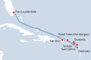 Carte de l'itinéraire de croisière Fort Lauderdale-Fort Lauderdale d'une durée de 11 jours