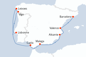 Carte itinéraire croisière Portugal, Espagne - 11 jours au départ de Lisbonne - Méditerranée