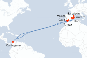 Carte itinéraire croisière Colombie, Maroc, Espagne - 11 jours au départ de Barcelone - Méditerranée