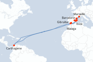 Carte itinéraire croisière Royaume-Uni, France, Colombie, Espagne - 11 jours au départ de Barcelone - Méditerranée