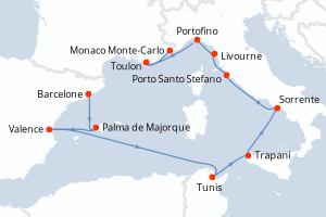 Carte de l'itinéraire de croisière Barcelone-Monaco Monte-Carlo d'une durée de 12 jours