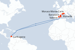 Carte de l'itinéraire de croisière Monaco Monte-Carlo-Barcelone d'une durée de 6 jours