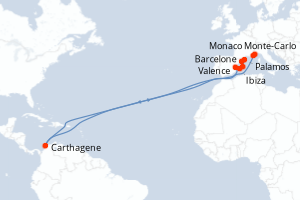 Carte de l'itinéraire de croisière Barcelone-Monaco Monte-Carlo d'une durée de 8 jours
