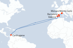 Carte de l'itinéraire de croisière Monaco Monte-Carlo-Barcelone d'une durée de 6 jours