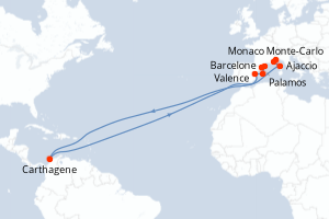 Carte de l'itinéraire de croisière Barcelone-Monaco Monte-Carlo d'une durée de 8 jours