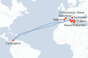 Carte de l'itinéraire de croisière Civitavecchia - Rome-Barcelone d'une durée de 11 jours