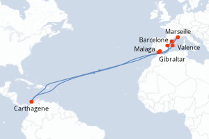 Carte de l'itinéraire de croisière Barcelone-Barcelone d'une durée de 10 jours