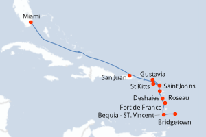 Carte de l'itinéraire de croisière Miami-Bridgetown d'une durée de 12 jours