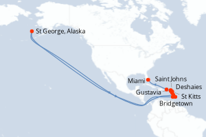 Carte de l'itinéraire de croisière Bridgetown-Miami d'une durée de 12 jours