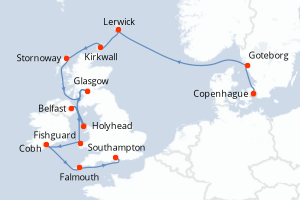 Carte de l'itinéraire de croisière Copenhague-Southampton d'une durée de 14 jours