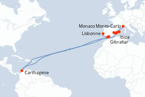Carte de l'itinéraire de croisière Lisbonne-Monaco Monte-Carlo d'une durée de 11 jours