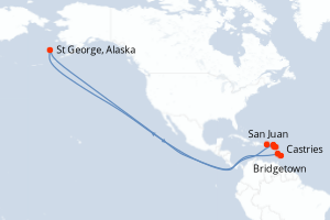 Carte de l'itinéraire de croisière Bridgetown-San Juan d'une durée de 7 jours