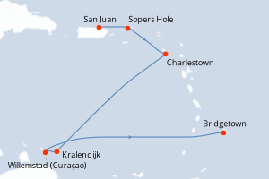 Carte de l'itinéraire de croisière San Juan-Bridgetown d'une durée de 7 jours