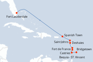 Carte de l'itinéraire de croisière Fort Lauderdale-Bridgetown d'une durée de 10 jours