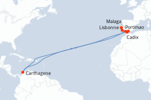 Carte de l'itinéraire de croisière Lisbonne-Lisbonne d'une durée de 10 jours
