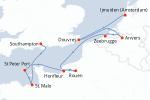 Carte de l'itinéraire de croisière Ijmuiden (Amsterdam)-Southampton d'une durée de 11 jours