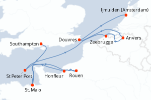 Carte de l'itinéraire de croisière Southampton-Ijmuiden (Amsterdam) d'une durée de 11 jours