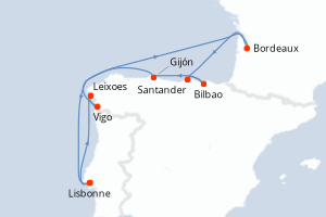 Carte de l'itinéraire de croisière Lisbonne-Lisbonne d'une durée de 10 jours