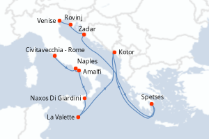 Carte de l'itinéraire de croisière Civitavecchia - Rome-Venise d'une durée de 10 jours