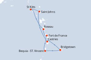 Carte de l'itinéraire de croisière Bridgetown-Bridgetown d'une durée de 8 jours