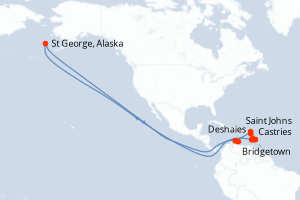 Carte de l'itinéraire de croisière Bridgetown-Bridgetown d'une durée de 11 jours