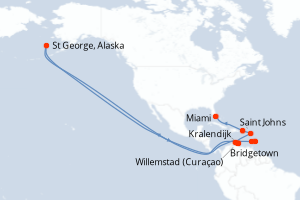 Carte de l'itinéraire de croisière Bridgetown-Miami d'une durée de 12 jours
