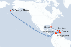 Carte de l'itinéraire de croisière Miami-Bridgetown d'une durée de 12 jours