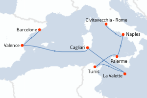 Carte de l'itinéraire de croisière Barcelone-Civitavecchia - Rome d'une durée de 10 jours