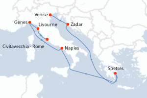 Carte de l'itinéraire de croisière Civitavecchia - Rome-Venise d'une durée de 10 jours
