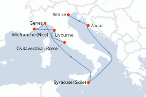 Carte de l'itinéraire de croisière Venise-Civitavecchia - Rome d'une durée de 10 jours