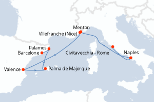 Carte de l'itinéraire de croisière Civitavecchia - Rome-Barcelone d'une durée de 10 jours