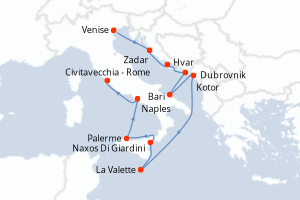 Carte de l'itinéraire de croisière Venise-Civitavecchia - Rome d'une durée de 11 jours