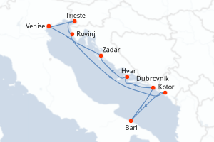 Carte de l'itinéraire de croisière Venise-Venise d'une durée de 9 jours