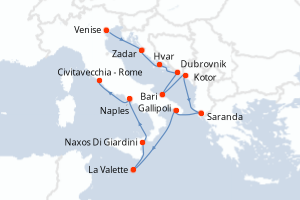 Carte de l'itinéraire de croisière Venise-Civitavecchia - Rome d'une durée de 12 jours