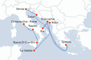 Carte de l'itinéraire de croisière Civitavecchia - Rome-Venise d'une durée de 10 jours