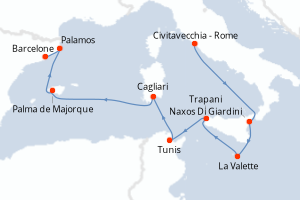 Carte de l'itinéraire de croisière Civitavecchia - Rome-Barcelone d'une durée de 10 jours