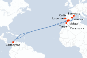 Carte de l'itinéraire de croisière Barcelone-Lisbonne d'une durée de 10 jours