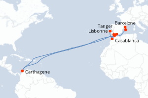 Carte de l'itinéraire de croisière Lisbonne-Barcelone d'une durée de 9 jours