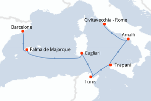 Carte de l'itinéraire de croisière Barcelone-Civitavecchia - Rome d'une durée de 7 jours