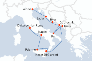 Carte de l'itinéraire de croisière Civitavecchia - Rome-Venise d'une durée de 10 jours