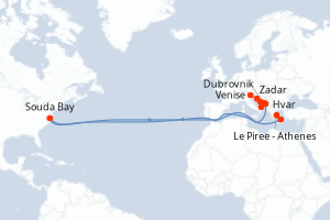 Carte de l'itinéraire de croisière Venise-Le Piree - Athenes d'une durée de 9 jours