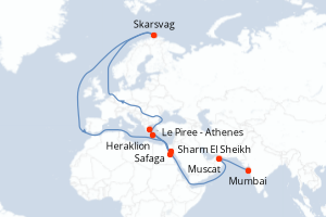 Carte de l'itinéraire de croisière Le Piree - Athenes-Mumbai d'une durée de 15 jours