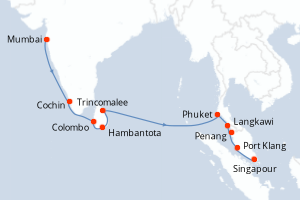Carte de l'itinéraire de croisière Mumbai-Singapour d'une durée de 18 jours