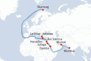 Carte de l'itinéraire de croisière Mumbai-Le Piree - Athenes d'une durée de 17 jours