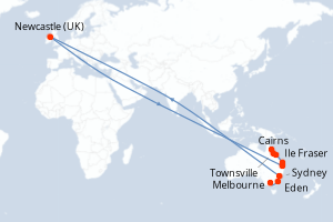 Carte de l'itinéraire de croisière Melbourne-Cairns d'une durée de 14 jours