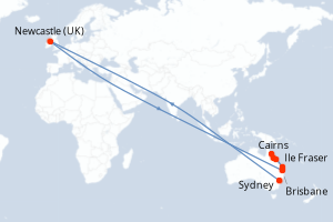 Carte de l'itinéraire de croisière Sydney-Cairns d'une durée de 10 jours
