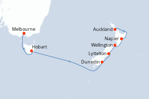 Carte de l'itinéraire de croisière Melbourne-Auckland d'une durée de 12 jours