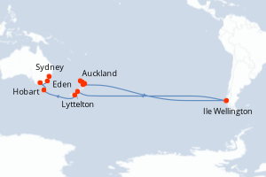Carte de l'itinéraire de croisière Auckland-Sydney d'une durée de 15 jours