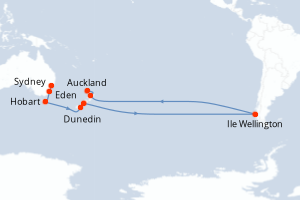Carte de l'itinéraire de croisière Sydney-Auckland d'une durée de 13 jours